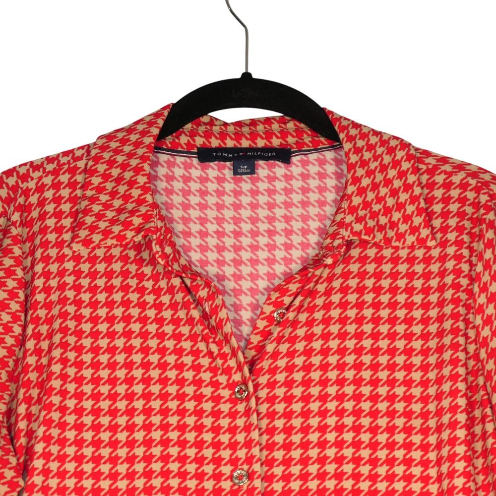 Tommy Hilfiger Blouse Womens Small Red Tan Houndstooth Button Front Long Sleeve - Picture 3 of 12